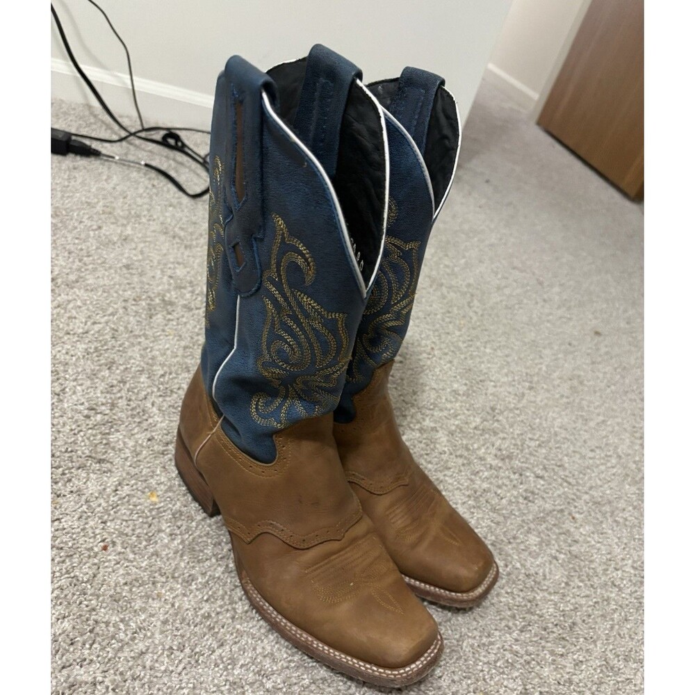 JB Dillon Western Cowboy Boots Brown/Blue Embroidered Decorative Stitching US 9D
